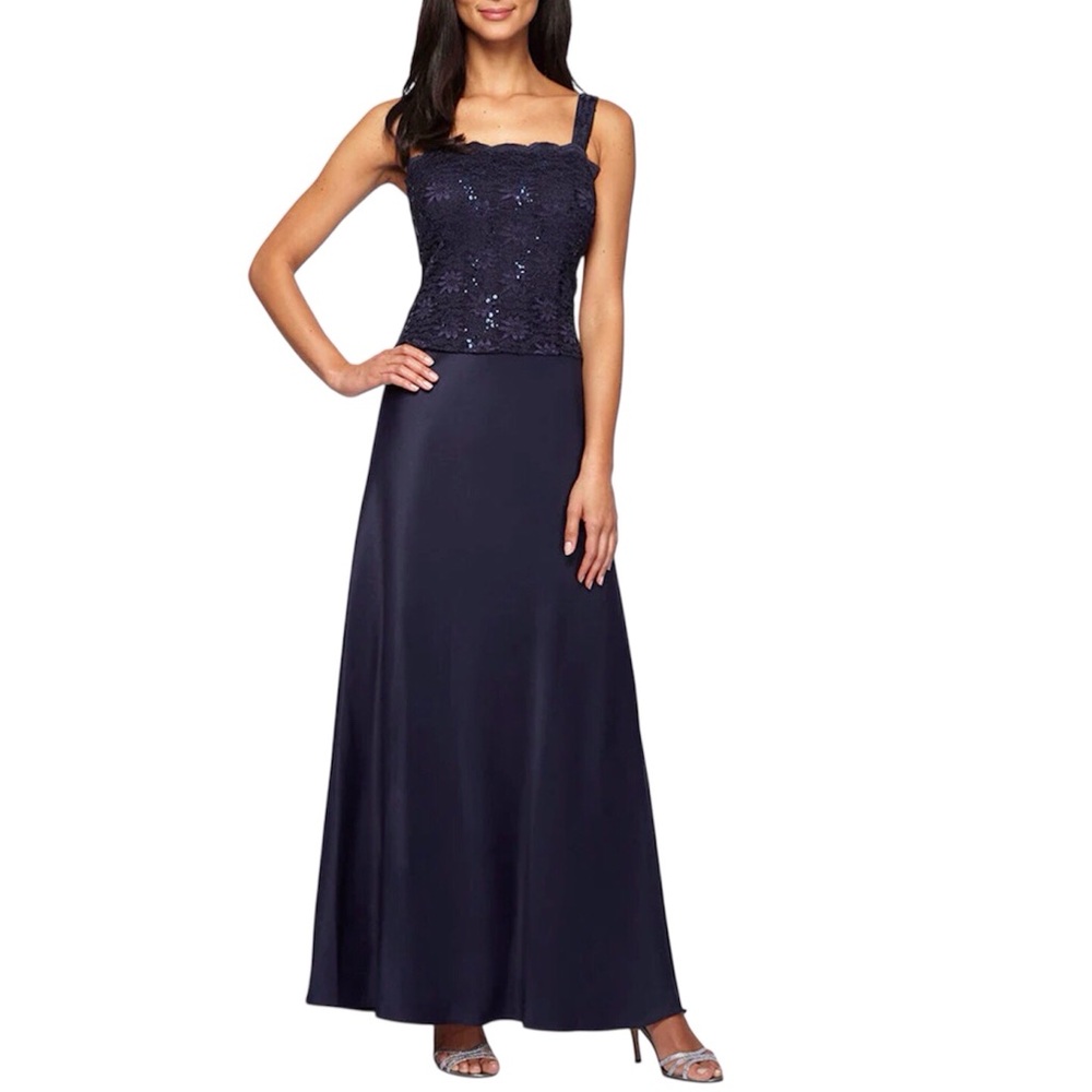 Alex Evenings A Line Blue Lace Sequin And Satin Cocktail Gown Size 6